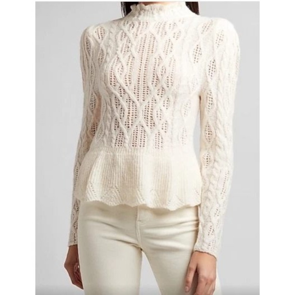 Express Cable Knit Peplum Sweater Womens Small Ivory Cream Mock Neck Ruffle